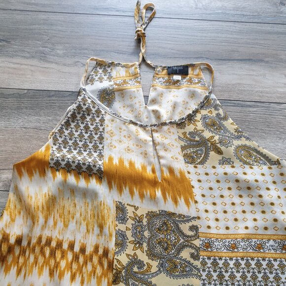 Tahari Women Sleeveless Strap Patchwork Printed Blouse Size L Asymmetrical Gold - Picture 3 of 5